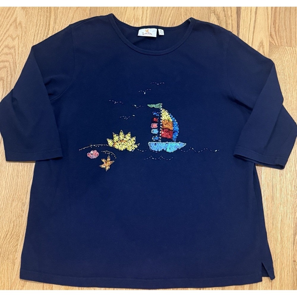 Quacker Factory Boat Ocean 3/4 Sleeve Size XL Sequins Embroidery Navy 100% Cotto